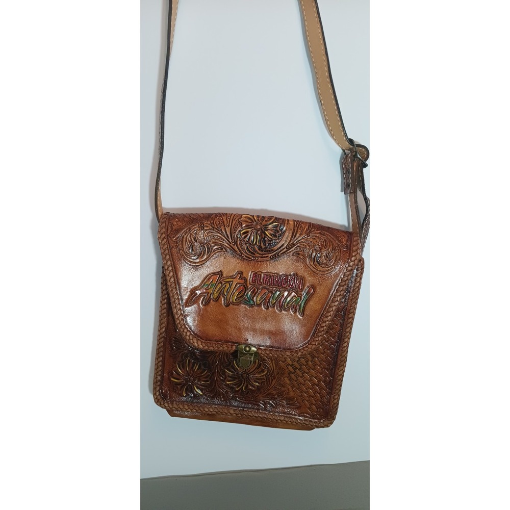 Vintage purse Leather Hand Tooled Handbag El Rincon Mexico Artesanal Boho Retro